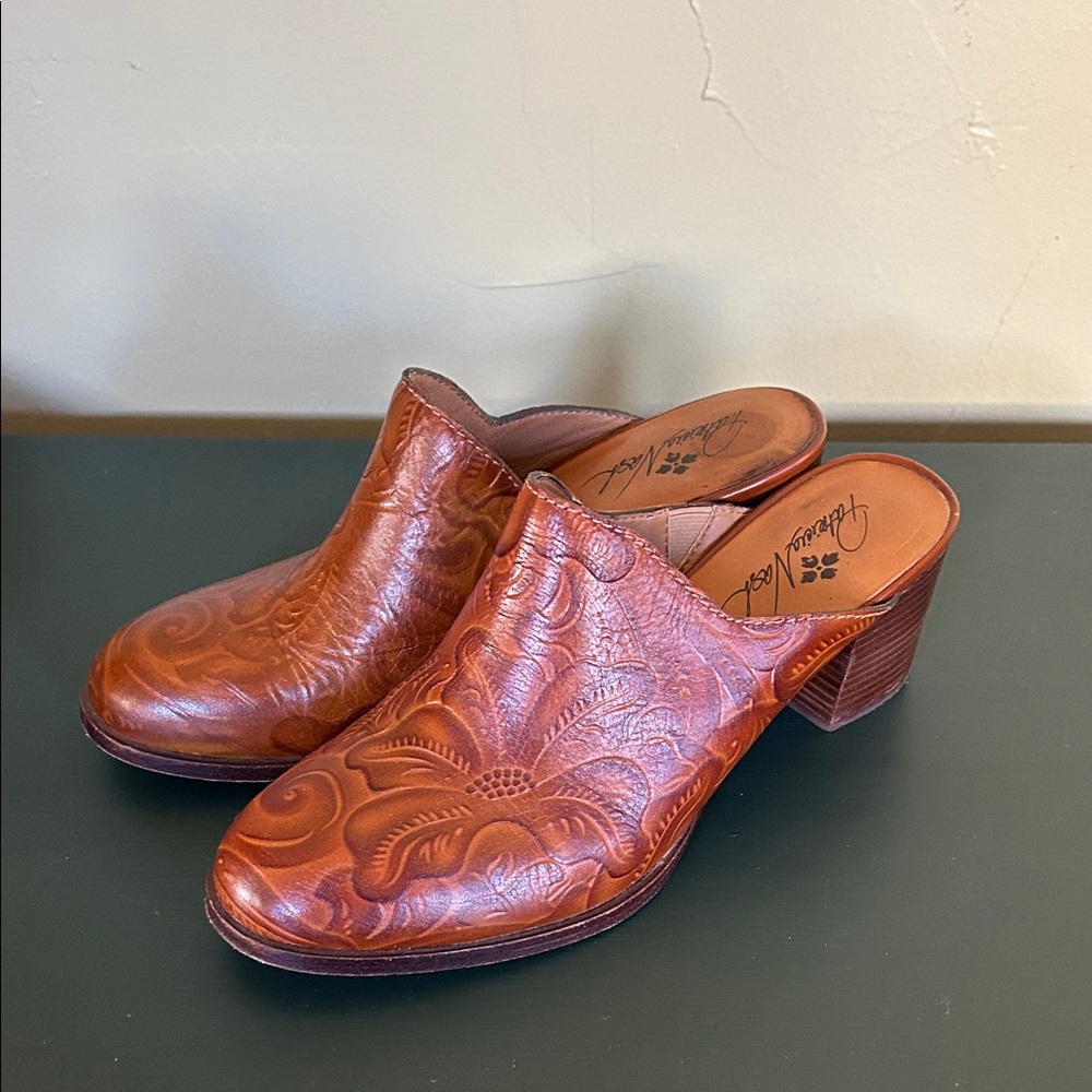 Patricia Nash Brown Tooled Leather Mules